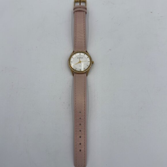 Skagen Denmark Quartz Womens Watch Pink Leather Band Silver Crystals 347SGL1 - Picture 10 of 16